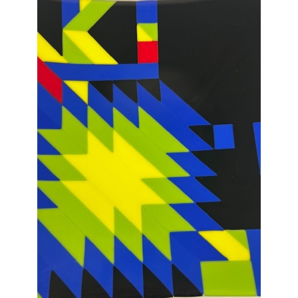 Handcrafted Fused Glass Square Console Abstract Geometric Black Blue Yellow 12in - Picture 7 of 10